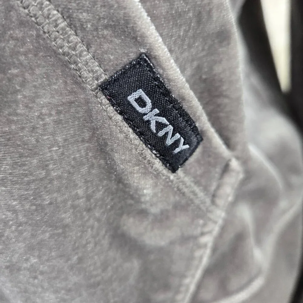 DKNY Sz Large Gray Velour Zip Front Casual Jacket Drawstring Hood Front Pockets